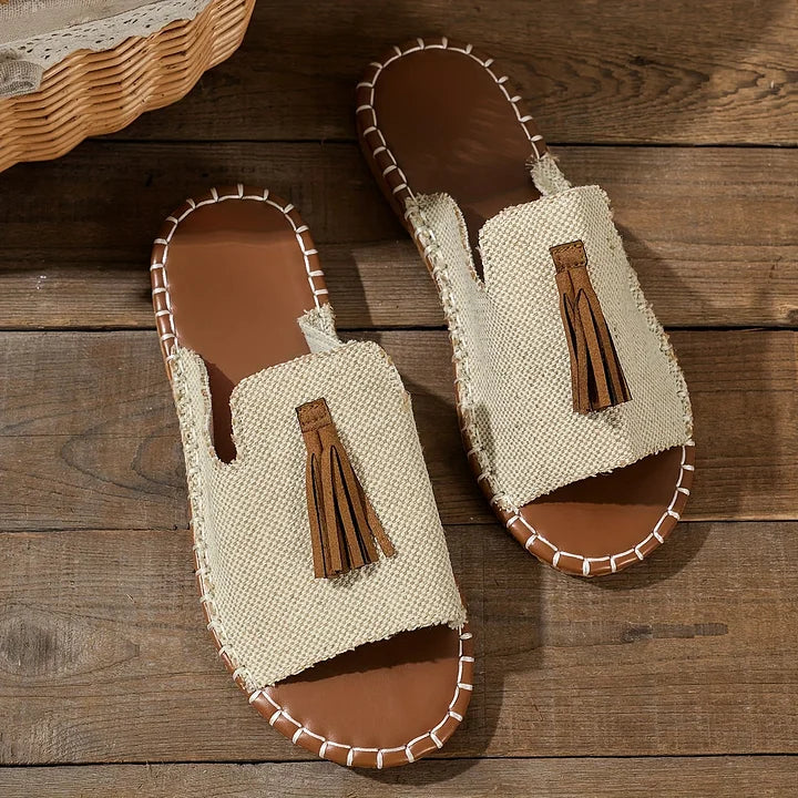 Momount Sandale Plate Damă Confort Slip On Casual Vară Suport Pernuțat Ușoare Vârf Deschis Design Boho cu Ciucuri