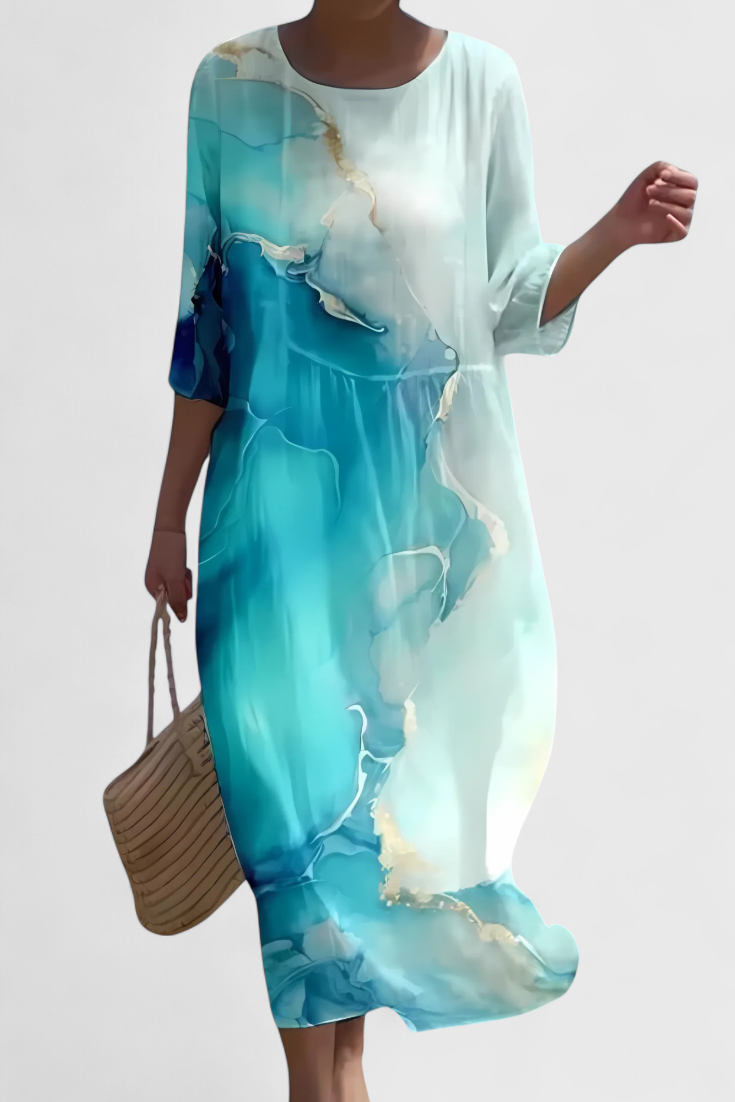 Momount Rochie Midi Florală – Mânecă 3/4 Croială Largă Casual de Vară