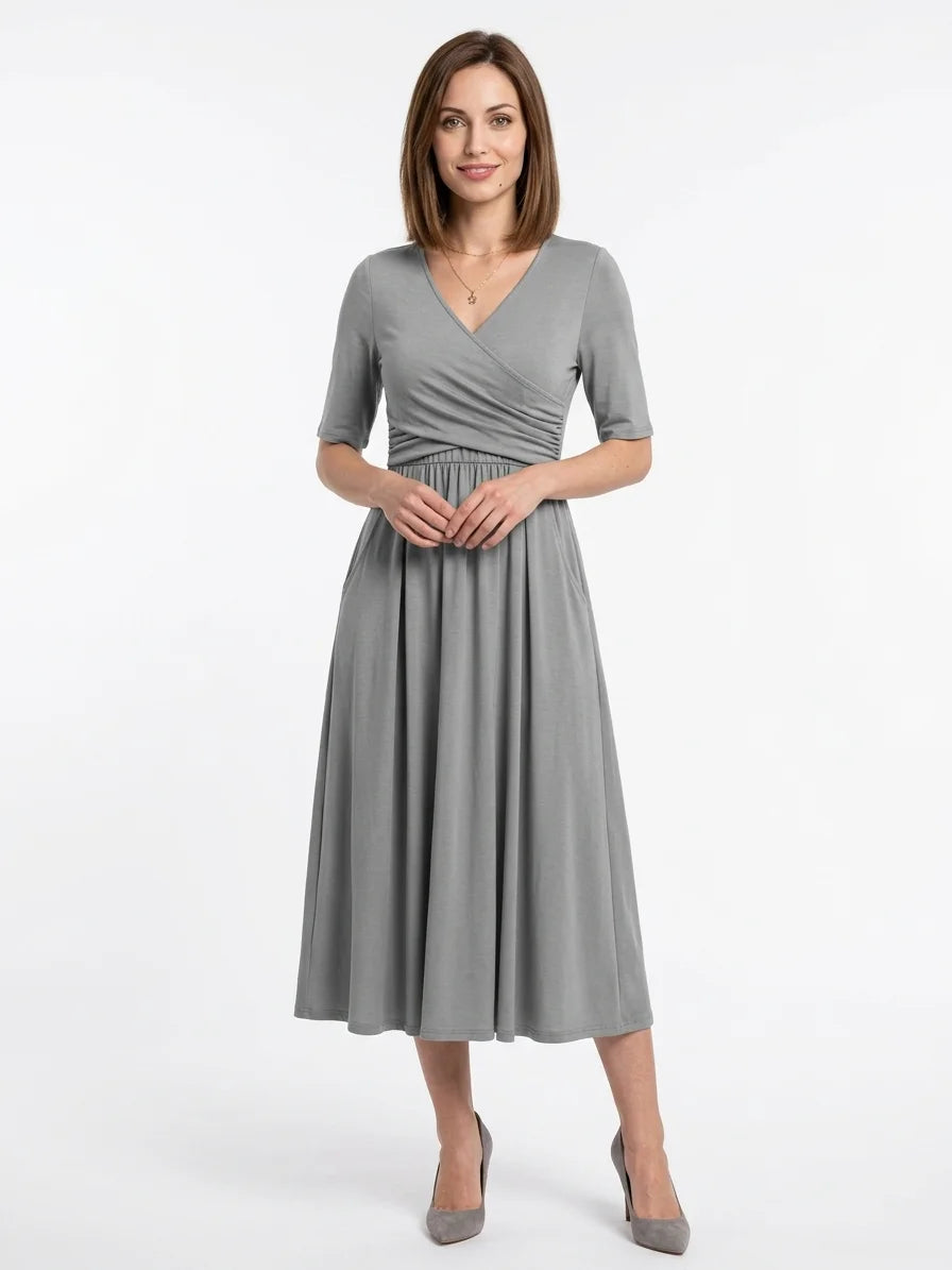 Nadia Wrap Summer Midi Dress | Casual, Refined, Classic - Gray - front