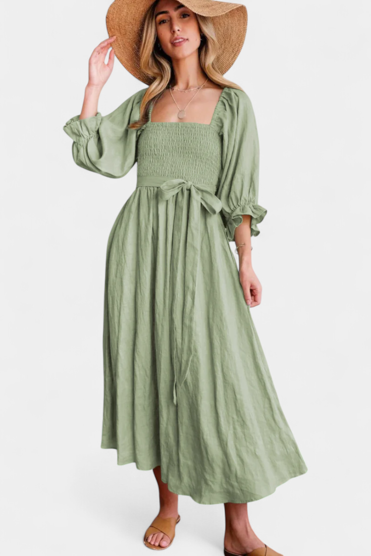 Rochie Midi de Vară Momount Damă – Mânecă Bufantă cu Decupaj, Croială A-line