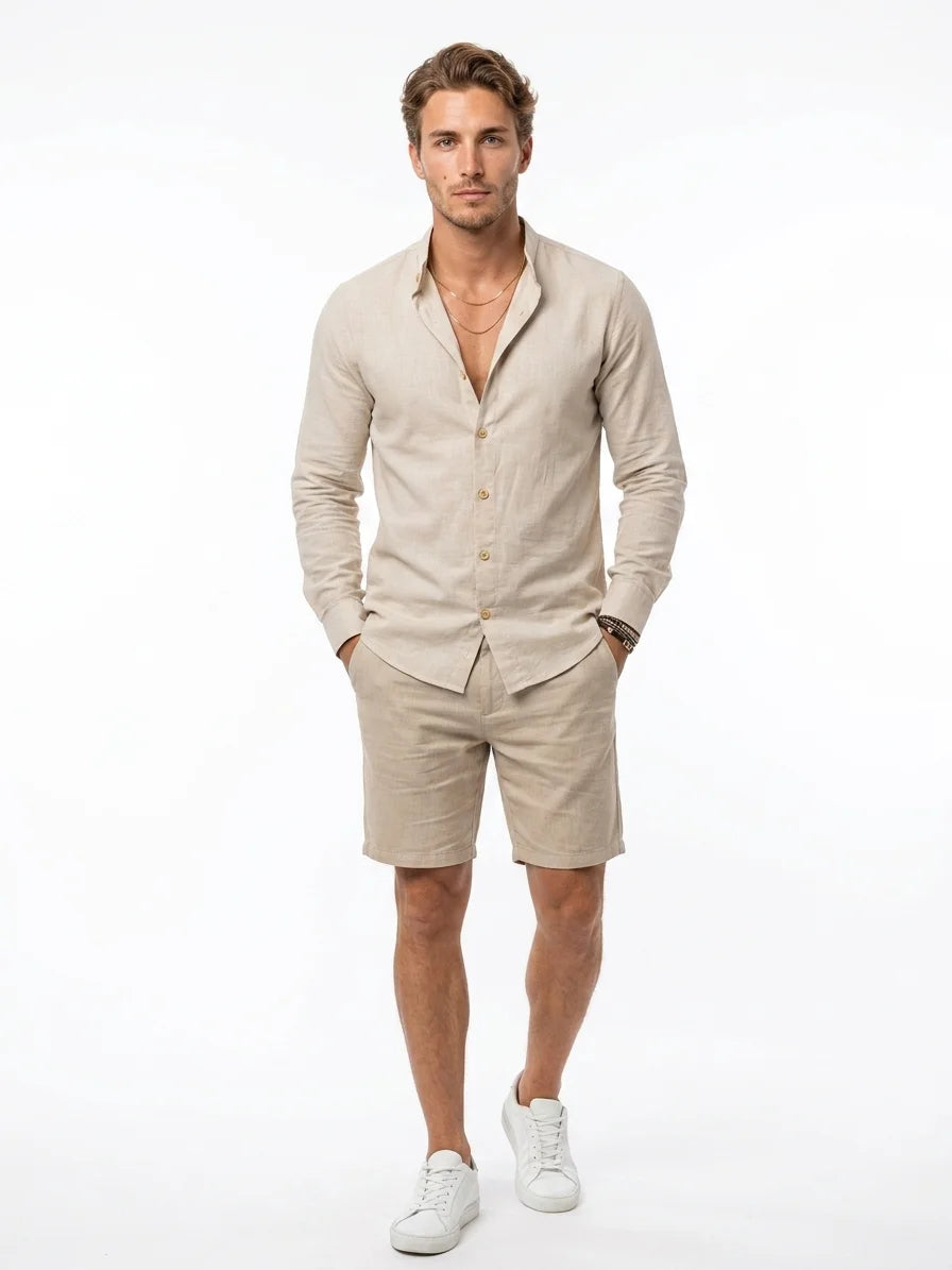 Momount Men Linen Shirt – Long Sleeve Slim Fit Point Collar Classic - Beige - front
