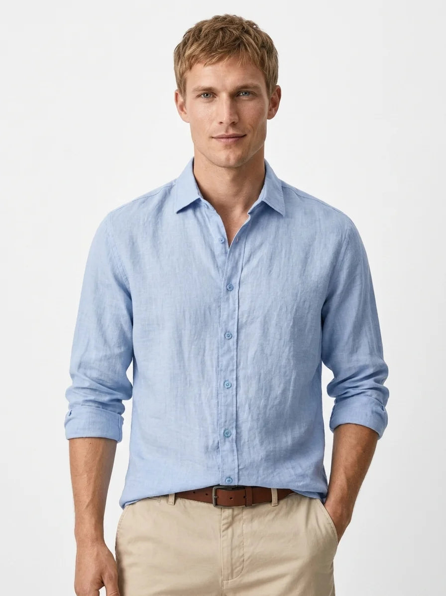 Momount Men Linen Shirt – Long Sleeve Button Up Relaxed Fit Beach - Sky Blue - front