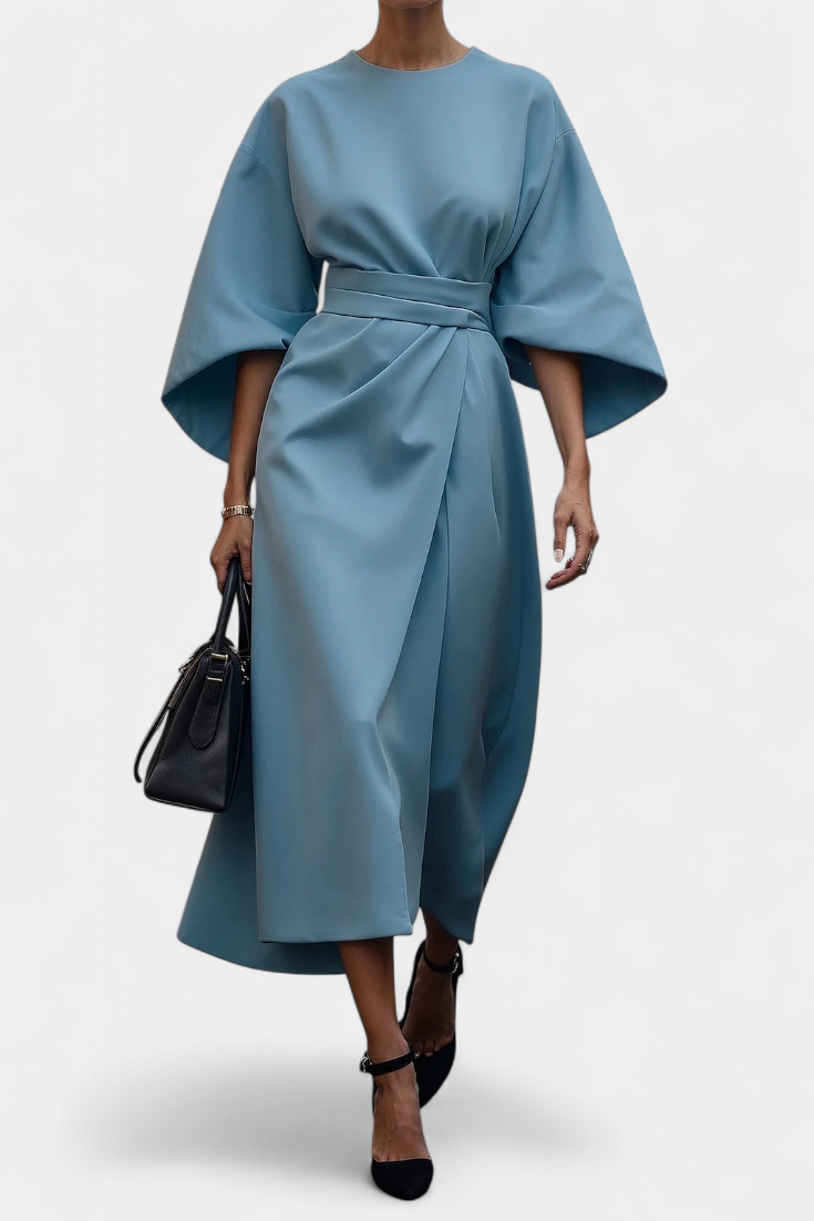 Rochie Midi de Birou Momount Damă – Croială Lejeră, Mânecă Largă, Curea Eleganta