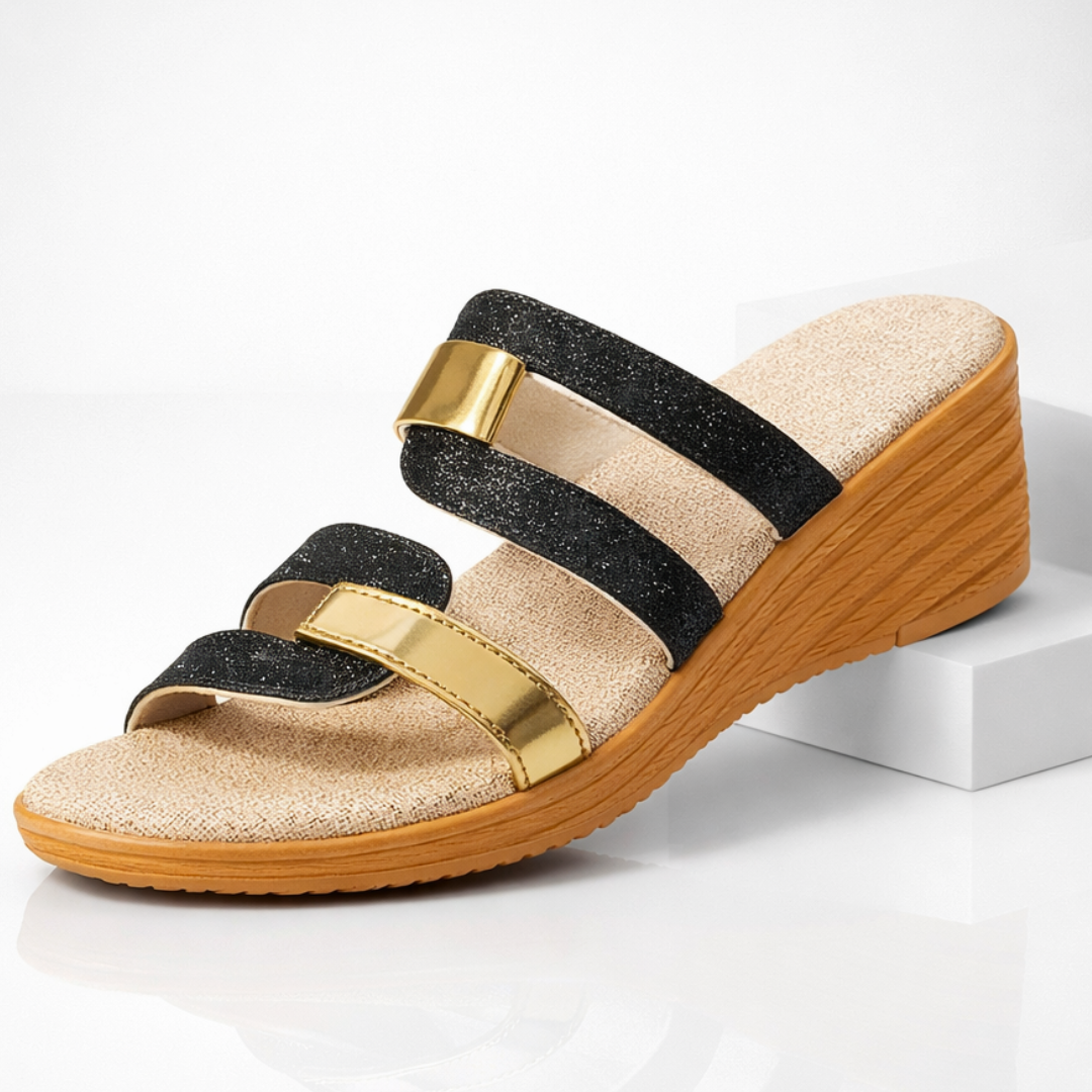 Sandale Slide Momount Damă – Sclipici Metalic, Curea Dublă, Wedge Mic