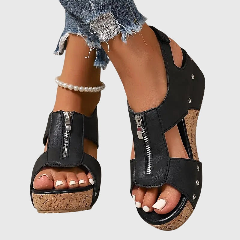 Sandale Wedge din Plută Momount Damă – Piele cu Fermoar Frontal, cu Țintele, Peep-Toe