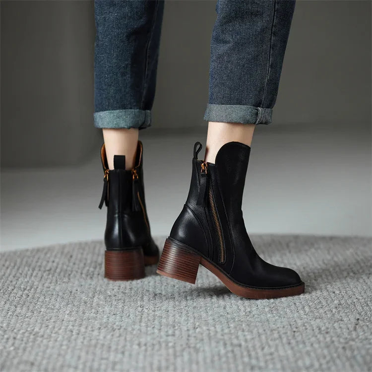 Celeste | Cizme Glezniere Western din Piele cu Toc Bloc