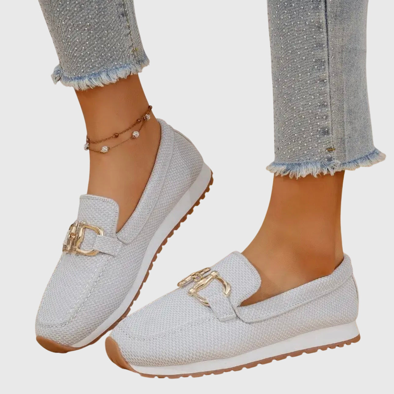 Mocasini Tricotați Momount Damă – Plasă cu Bit Auriu, Platformă, Slip-On Confort
