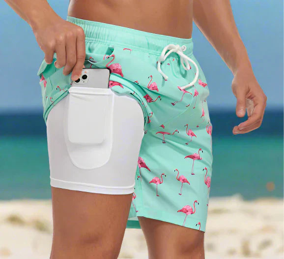 Momount Pantaloni de Baie Bărbați – Imprimeu Frunze Tropicale cu Buzunar pentru Telefon