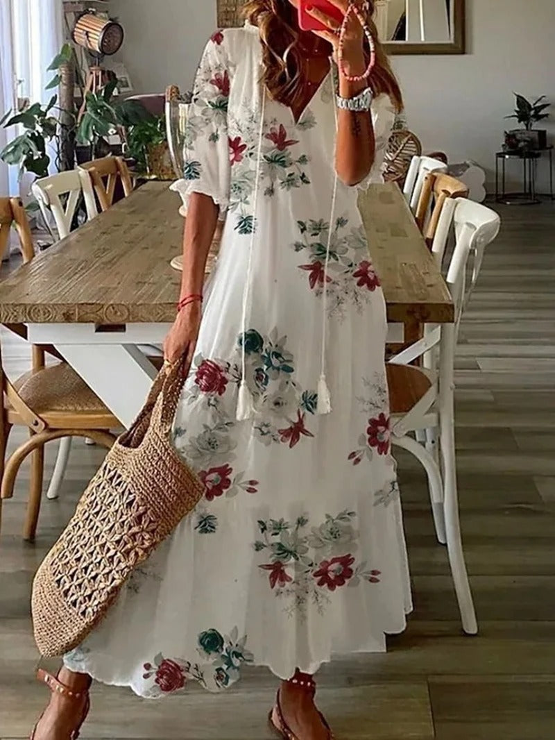 Isadora | Rochie Maxi Boho de Vară cu Imprimeu Floral și Nasturi