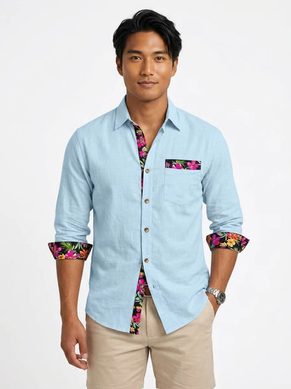 Momount Men Linen Shirt – Long Sleeve Floral Contrast Trim Hawaiian Casual - Sky Blue - front