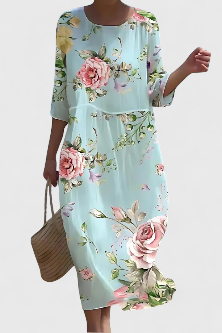 Momount Rochie Midi Florală – Mânecă 3/4 Croială Largă Casual de Vară