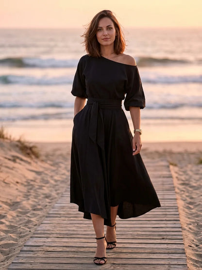 Ameliana | Elegant Off Shoulder Belted Summer Midi Dress - Black - lifestyle_beach