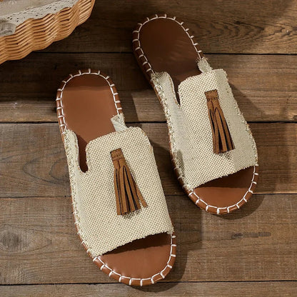 Momount Sandale Plate Damă Confort Slip On Casual Vară Suport Pernuțat Ușoare Vârf Deschis Design Boho cu Ciucuri