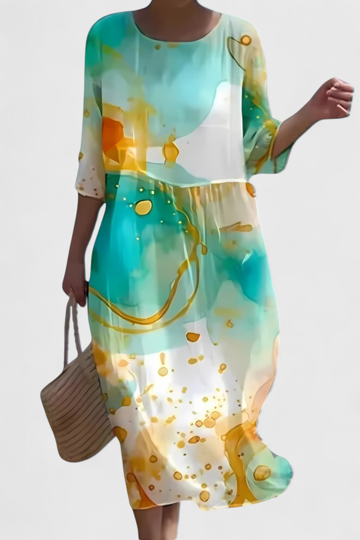 Momount Rochie Midi Florală – Mânecă 3/4 Croială Largă Casual de Vară