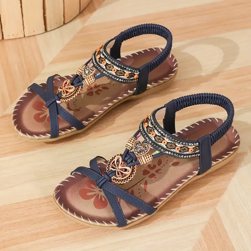 Sandale Slingback Momount Damă – Turcoaz Boho cu Mărgele și Strasuri, Plate