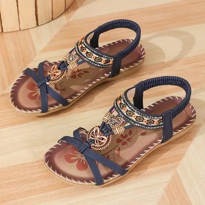 Sandale Slingback Momount Damă – Turcoaz Boho cu Mărgele și Strasuri, Plate