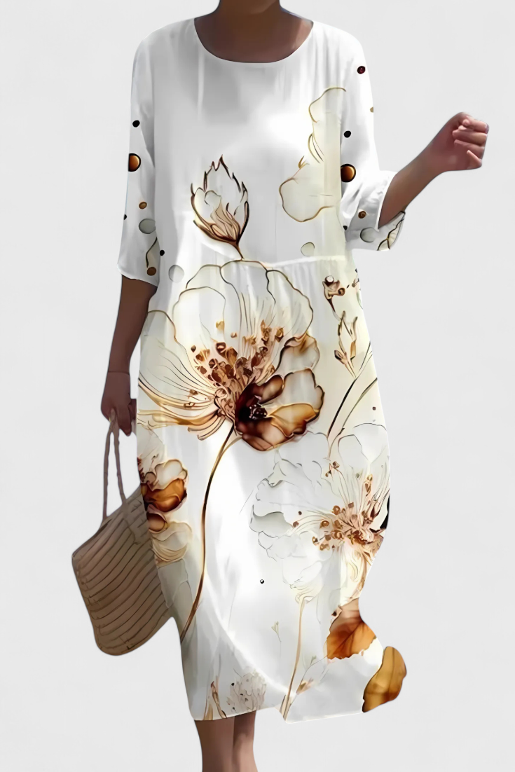 Momount Rochie Midi Florală – Mânecă 3/4 Croială Largă Casual de Vară