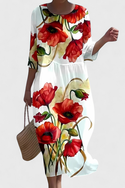 Momount Rochie Midi Florală – Mânecă 3/4 Croială Largă Casual de Vară