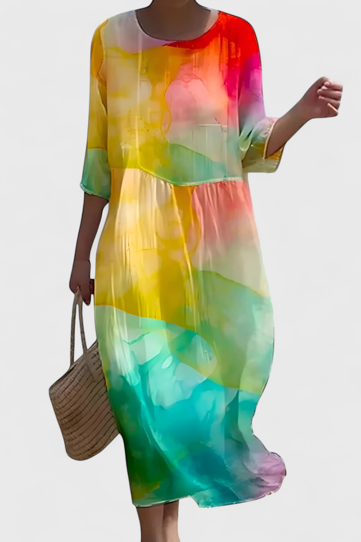 Momount Rochie Midi Florală – Mânecă 3/4 Croială Largă Casual de Vară