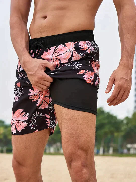 Pantaloni de Baie Momount Bărbați – Imprimeu Palmier, Liner Compresie, Uscare Rapidă, Lungime Medie