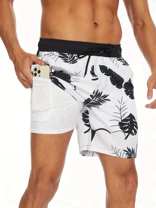 Momount Pantaloni de Baie Bărbați – Imprimeu Frunze Tropicale cu Buzunar pentru Telefon