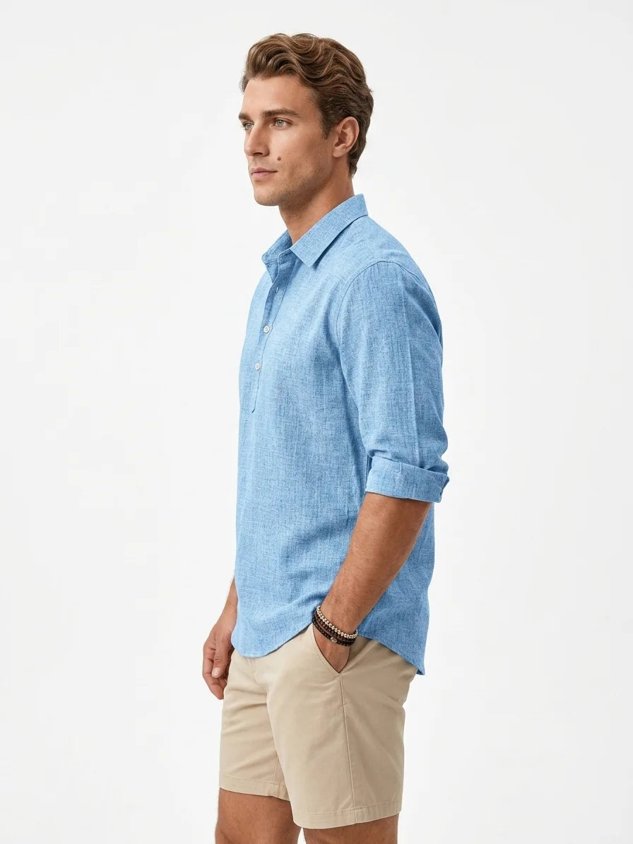 Momount Men Linen Shirt – Long Sleeve Popover Button Placket Casual - Sky Blue - side