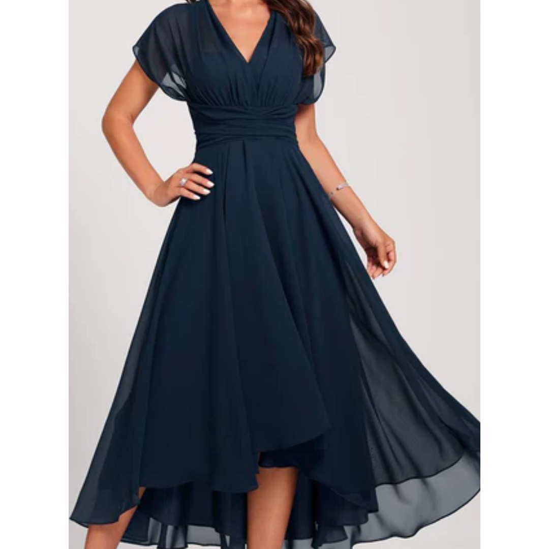 Thessalonia | Rochie Midi Asimetrică Elegantă din Șifon cu Decolteu V