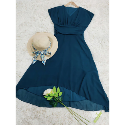 Thessalonia | Rochie Midi Asimetrică Elegantă din Șifon cu Decolteu V