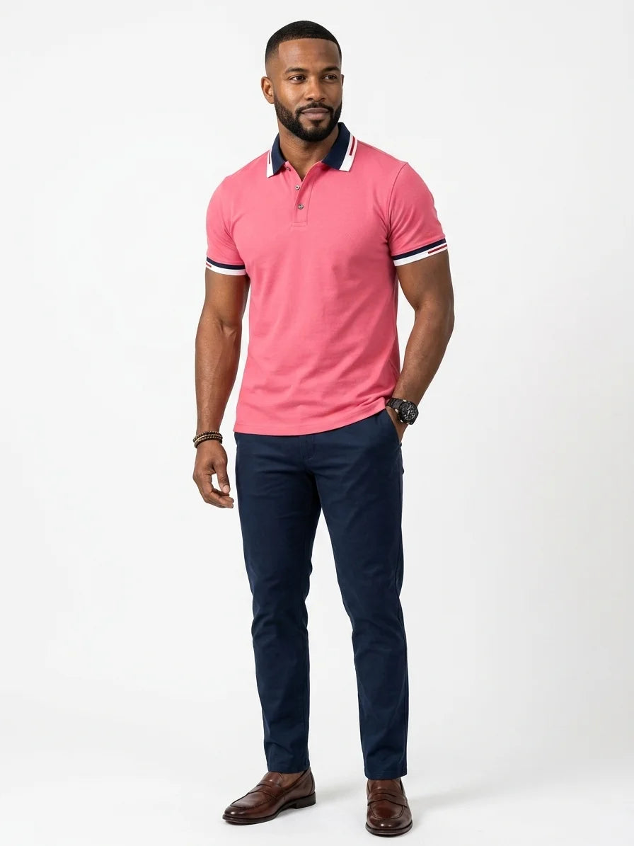 Momount Men Polo Shirt – Contrast Collar Striped Cuff Short Sleeve - Pink - front
