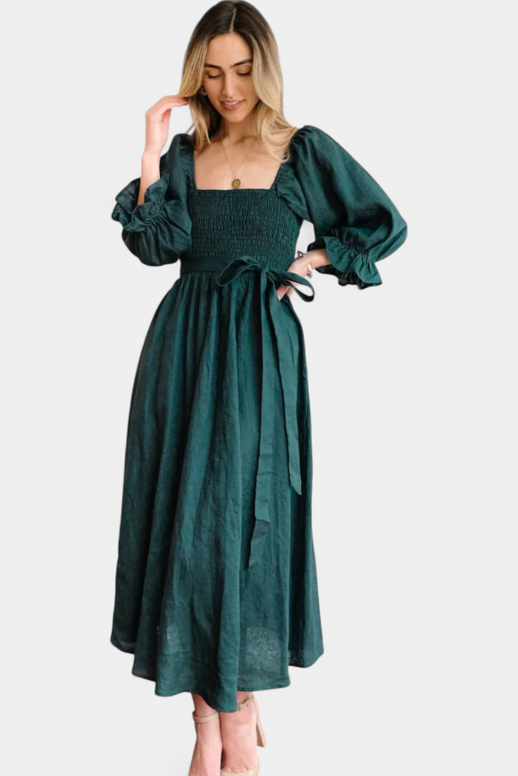 Rochie Midi de Vară Momount Damă – Mânecă Bufantă cu Decupaj, Croială A-line