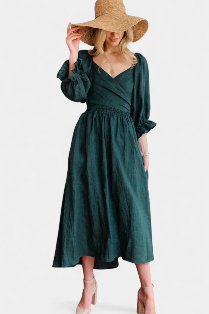 Rochie Midi de Vară Momount Damă – Mânecă Bufantă cu Decupaj, Croială A-line