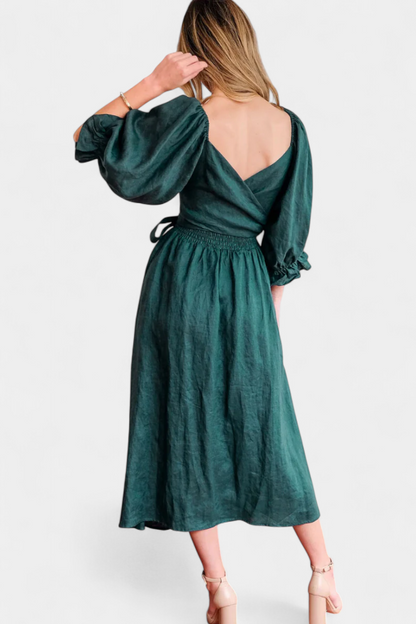 Rochie Midi de Vară Momount Damă – Mânecă Bufantă cu Decupaj, Croială A-line