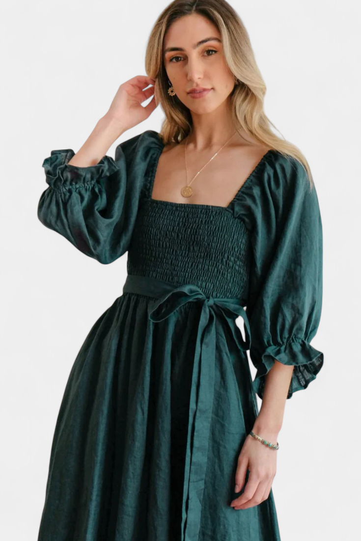 Rochie Midi de Vară Momount Damă – Mânecă Bufantă cu Decupaj, Croială A-line