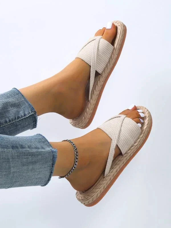 Sandale Espadrile Momount Damă – Slide Plate din Iută Țesută cu Inel pentru Deget