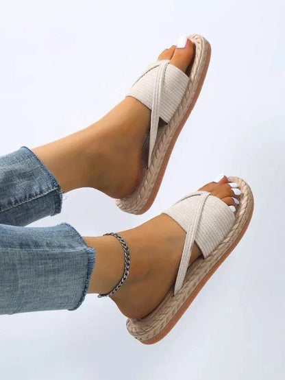 Sandale Espadrile Momount Damă – Slide Plate din Iută Țesută cu Inel pentru Deget