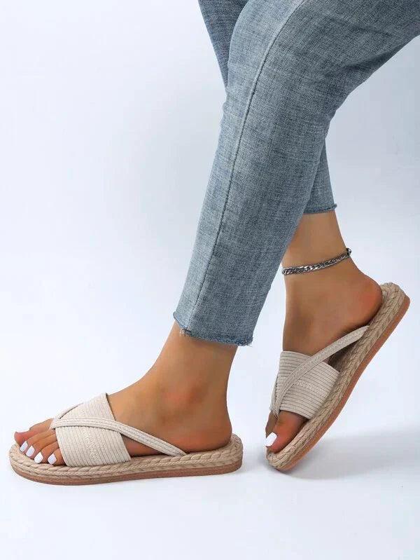 Sandale Espadrile Momount Damă – Slide Plate din Iută Țesută cu Inel pentru Deget