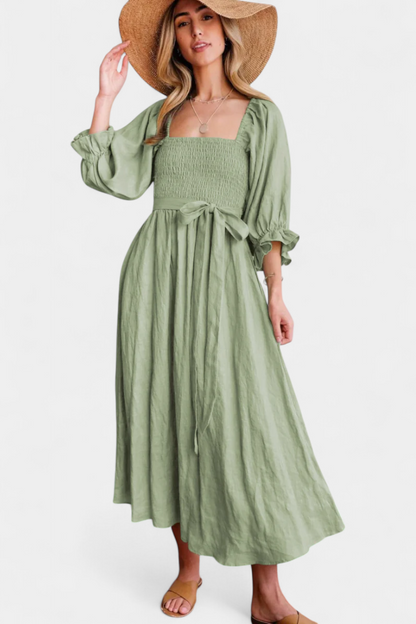 Rochie Midi de Vară Momount Damă – Mânecă Bufantă cu Decupaj, Croială A-line