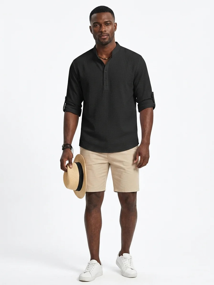 Momount Men Waffle Linen Shirt – Long Sleeve Band Collar Chest Pocket - Black - front