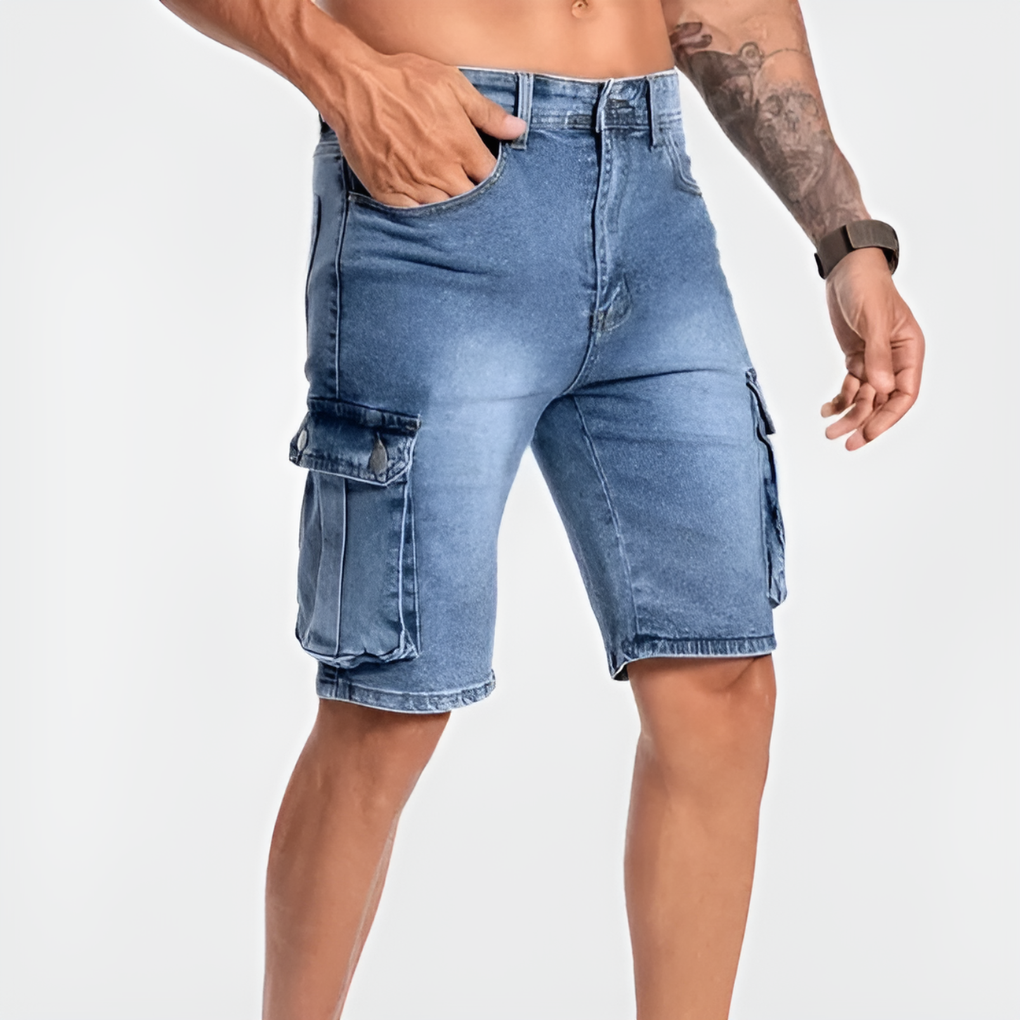 Pantaloni Cargo din Denim Momount Bărbați – Stretch, Lungime până la Genunchi, Buzunar cu Clapă