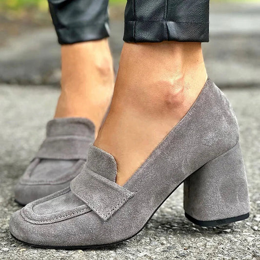 Ravenna | Mocasini Penny Vintage din Piele Întoarsă cu Toc Bloc