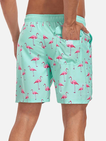 Pantaloni de Baie Momount Bărbați – Imprimeu Flamingo, Cordon, Plajă de Vară