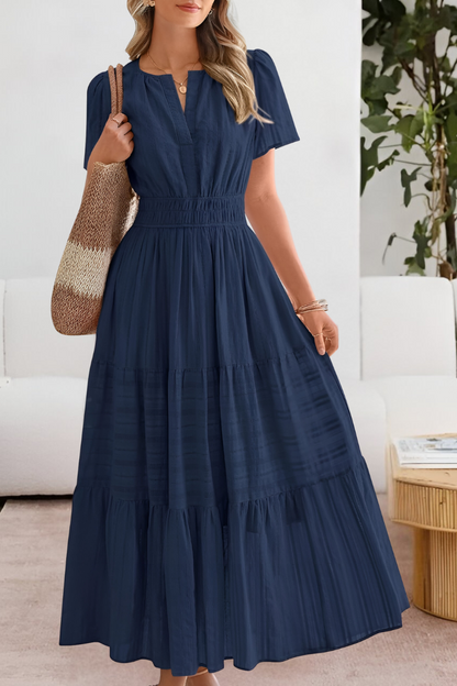 Evangelia | Rochie Midi Boho de Vară Smocked cu Decolteu V, Etajată