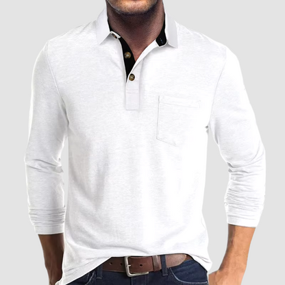 Momount Tricou Polo Bărbați Mânecă Lungă – Guler Contrast cu Buzunar Croială Clasică