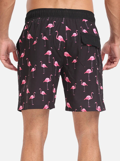 Pantaloni de Baie Momount Bărbați – Imprimeu Flamingo, Cordon, Plajă de Vară