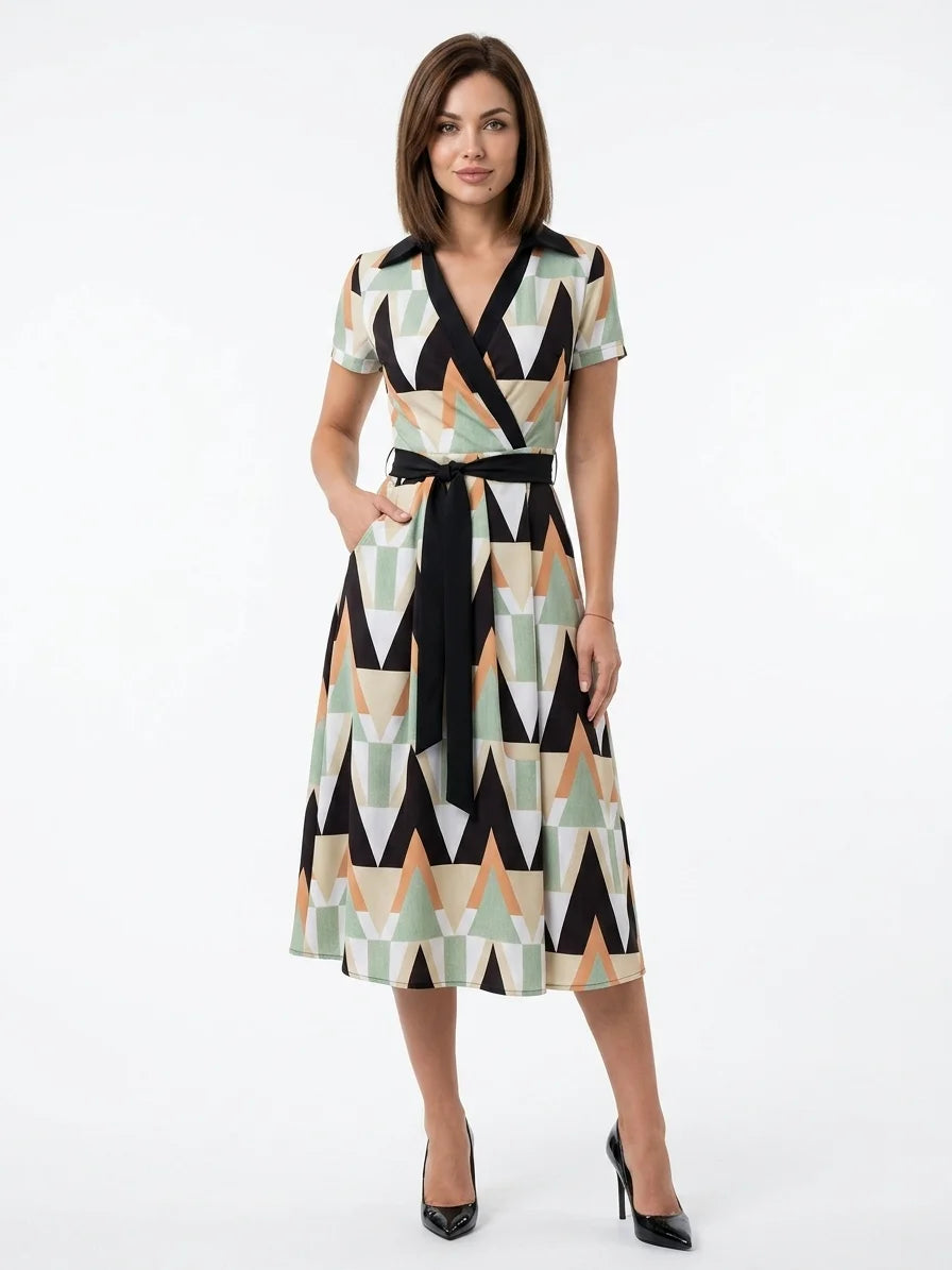 Ameliana | Elegant Off Shoulder Belted Summer Midi Dress - White Black - front
