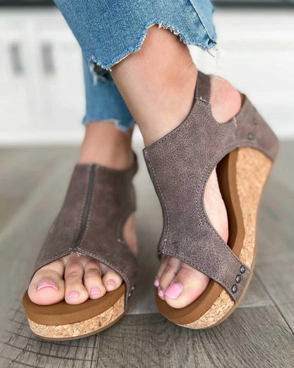 Sandale Wedge Momount Damă – Piele Patinată, Platformă din Plută, Slingback