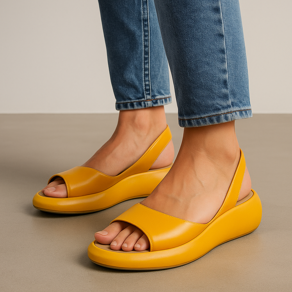 Sandale Wedge Momount Damă – Slingback din Piele Portocalie, Platformă, Vârf Deschis