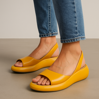 Sandale Wedge Momount Damă – Slingback din Piele Portocalie, Platformă, Vârf Deschis