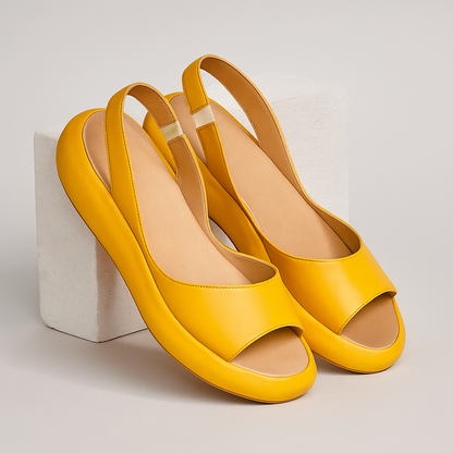 Sandale Wedge Momount Damă – Slingback din Piele Portocalie, Platformă, Vârf Deschis