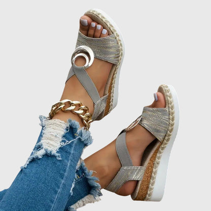 Momount Sandale Wedge Espadrile Damă – Roz Pal Metalic cu Curea la Gleznă